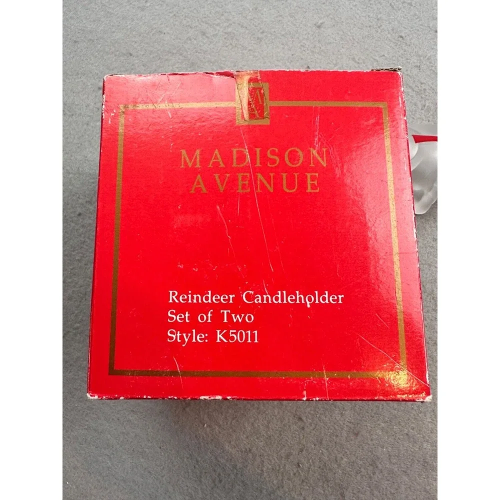 VTG Madison Avenue Set of 2‎ Frosted Reindeer Candle Holders w Red Ribbon NIB!